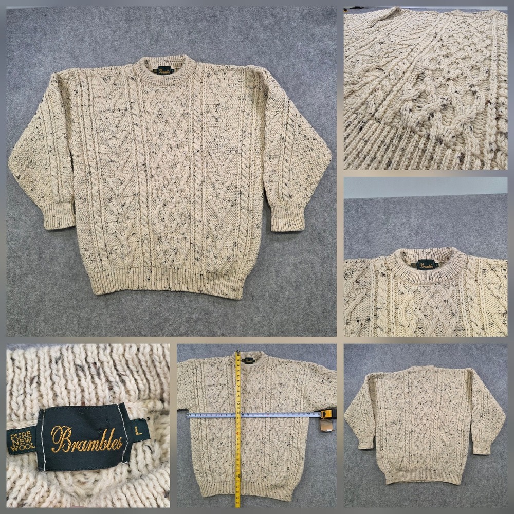 Brambles Sweater Mens Large White Wool Cable Knit Crewneck Pullover Heavyweight